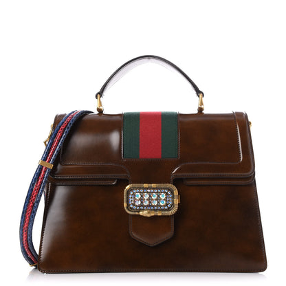Gucci Shiny Calfskin Web Crystal Medium Top Handle Bag Brown 1 of 11