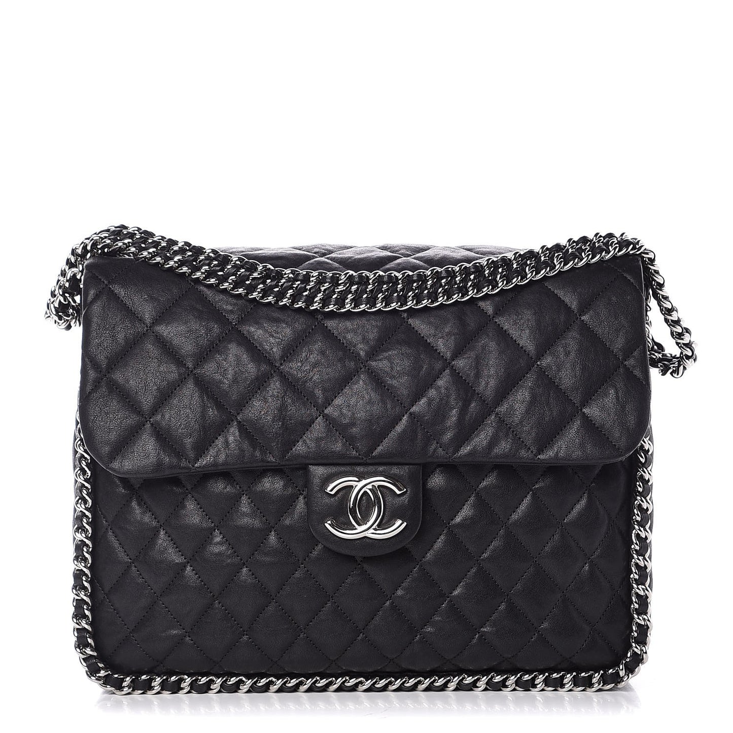 Washed Lambskin Quilted Maxi Chain Around Flap Black