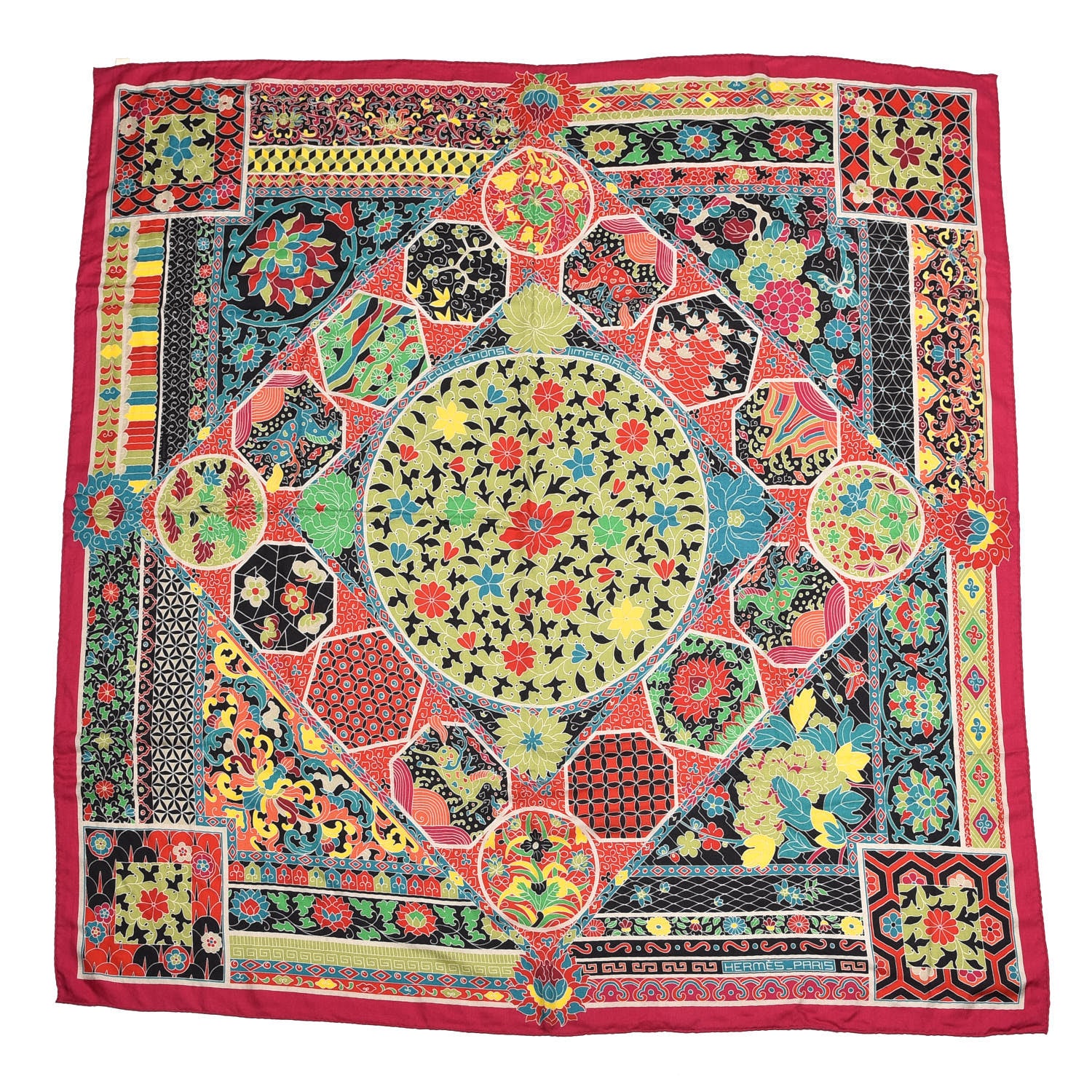 Hermes Cashmere Silk Collections Shawl 140 Fuchsia Vert Jaune 1 of 6