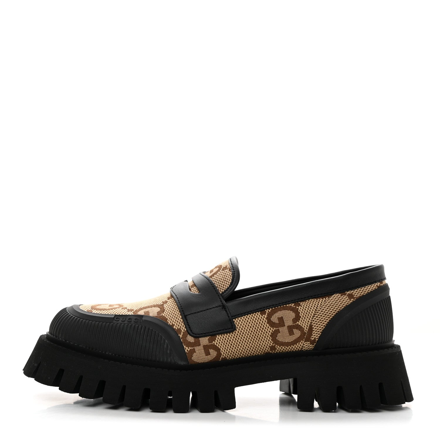 Gucci Monogram Jumbo GG Miro Soft Calfskin Mens Lug Sole Loafers 8 Camel Ebony Black 1 of 9