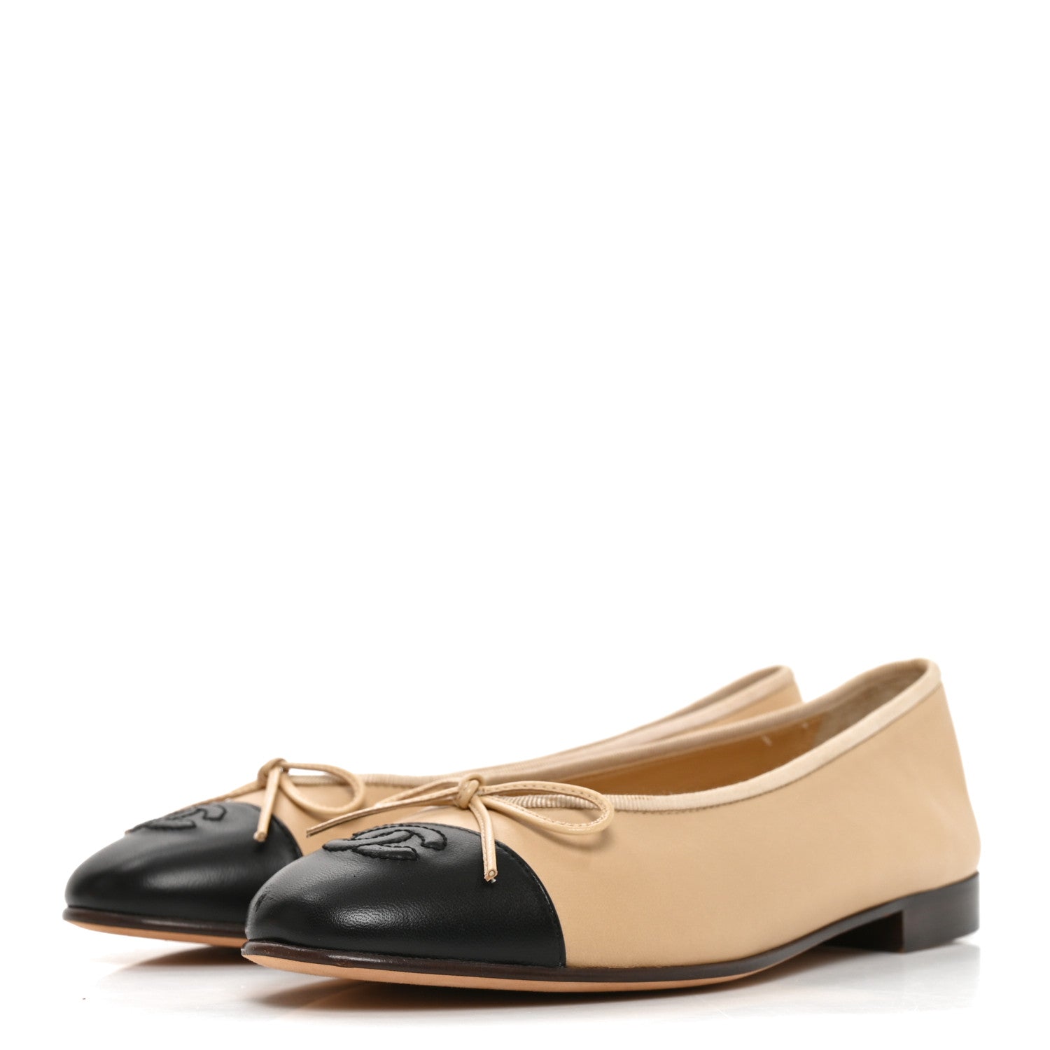 Chanel Lambskin Cap Toe CC Ballerina Flats 37.5 Beige Black 4 of 8