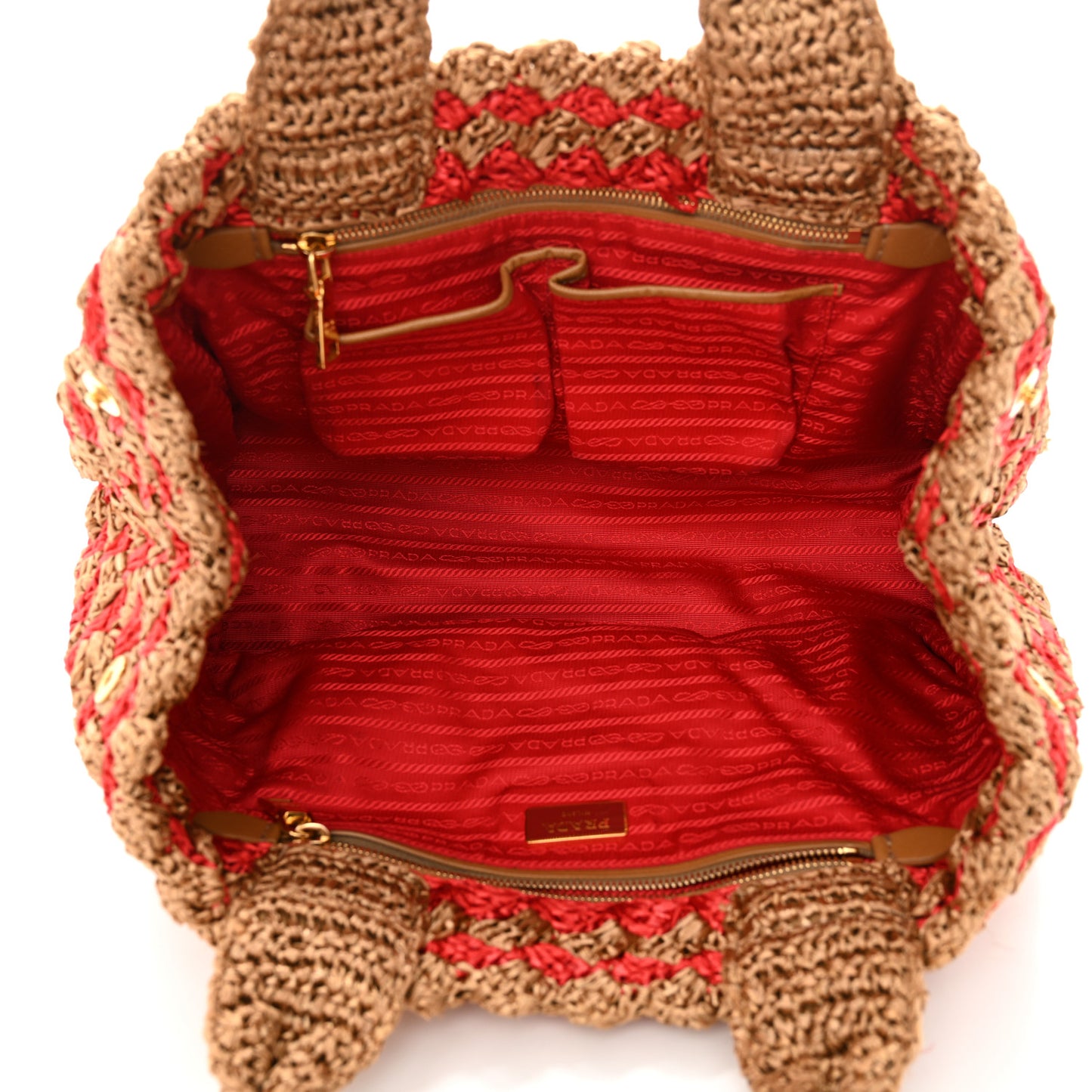Raffia Crochet Bi-Color Small Tote Naturale Rosso