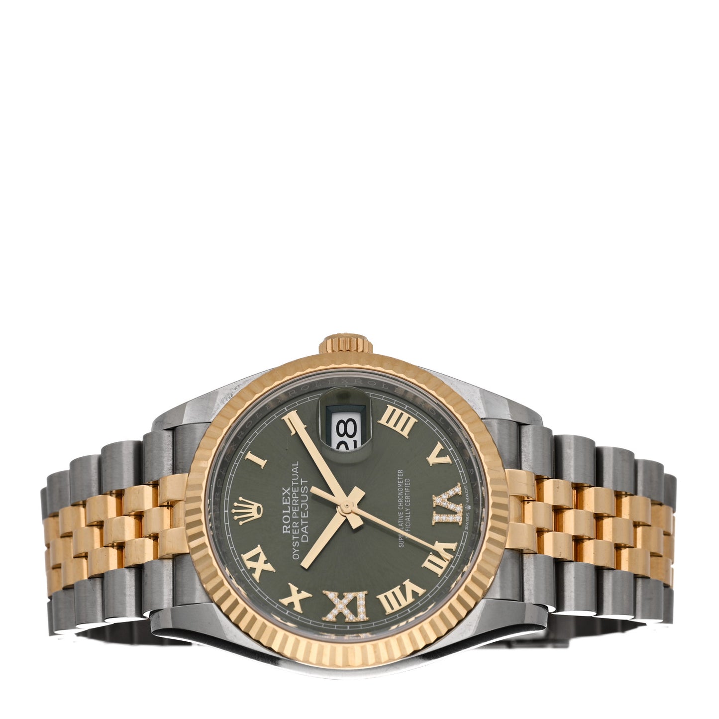 Stainless Steel 18K Yellow Gold Diamond 36mm Oyster Perpetual Datejust Watch Olive Green Roman 126233