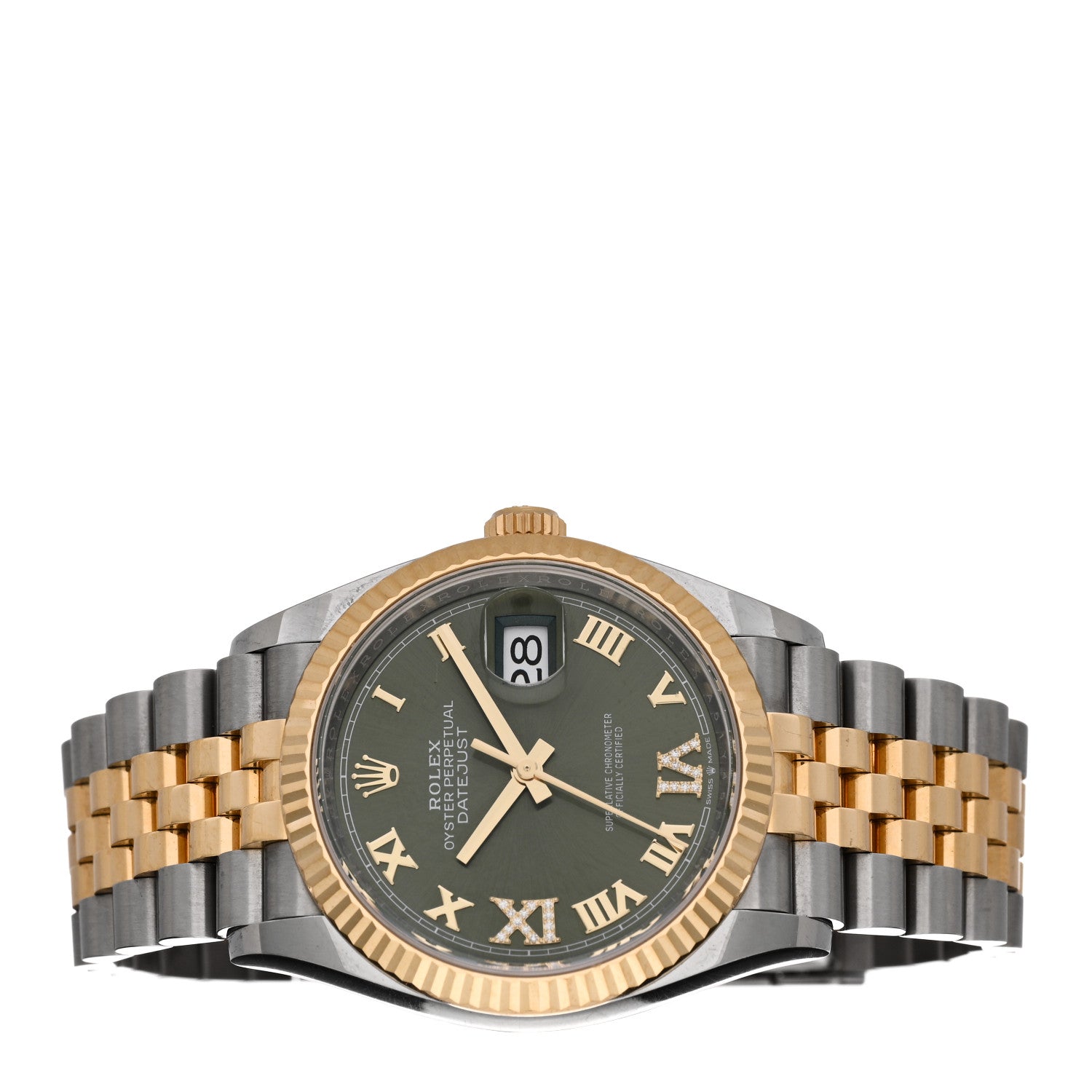 Rolex Stainless Steel 18K Yellow Gold Diamond 36mm Oyster Perpetual Datejust Watch Olive Green Roman 126233 2 of 5