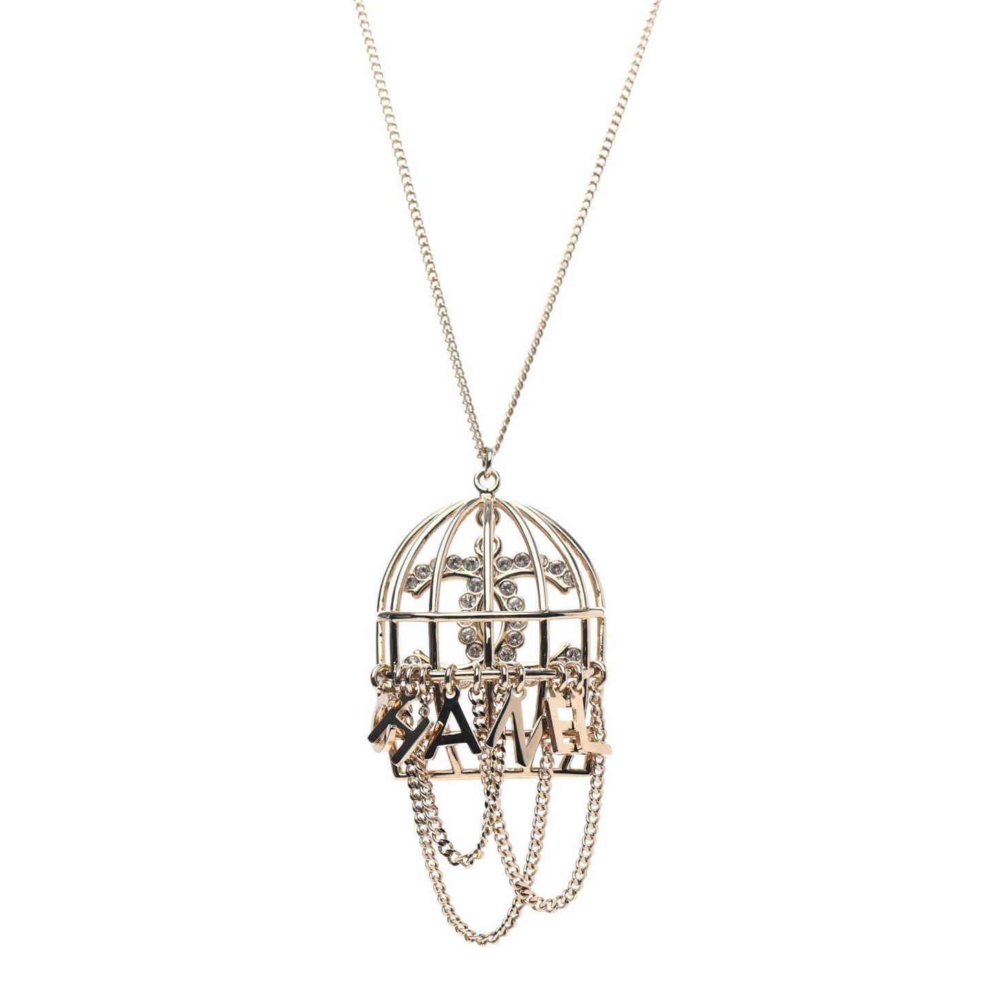 Metal Crystal Logo Bird Cage Necklace Gold