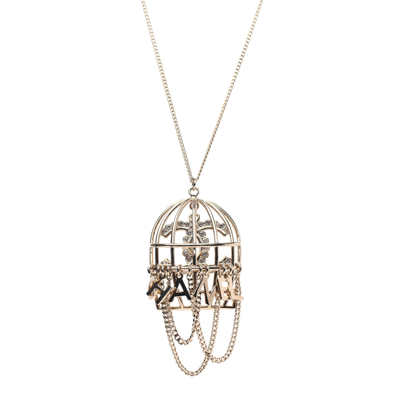 Chanel Metal Crystal Logo Bird Cage Necklace Gold 3 of 4