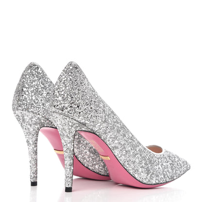 Gucci Nappa Silk Glitter Removable Crystal Heart Pumps 38.5 Argento 7 of 12