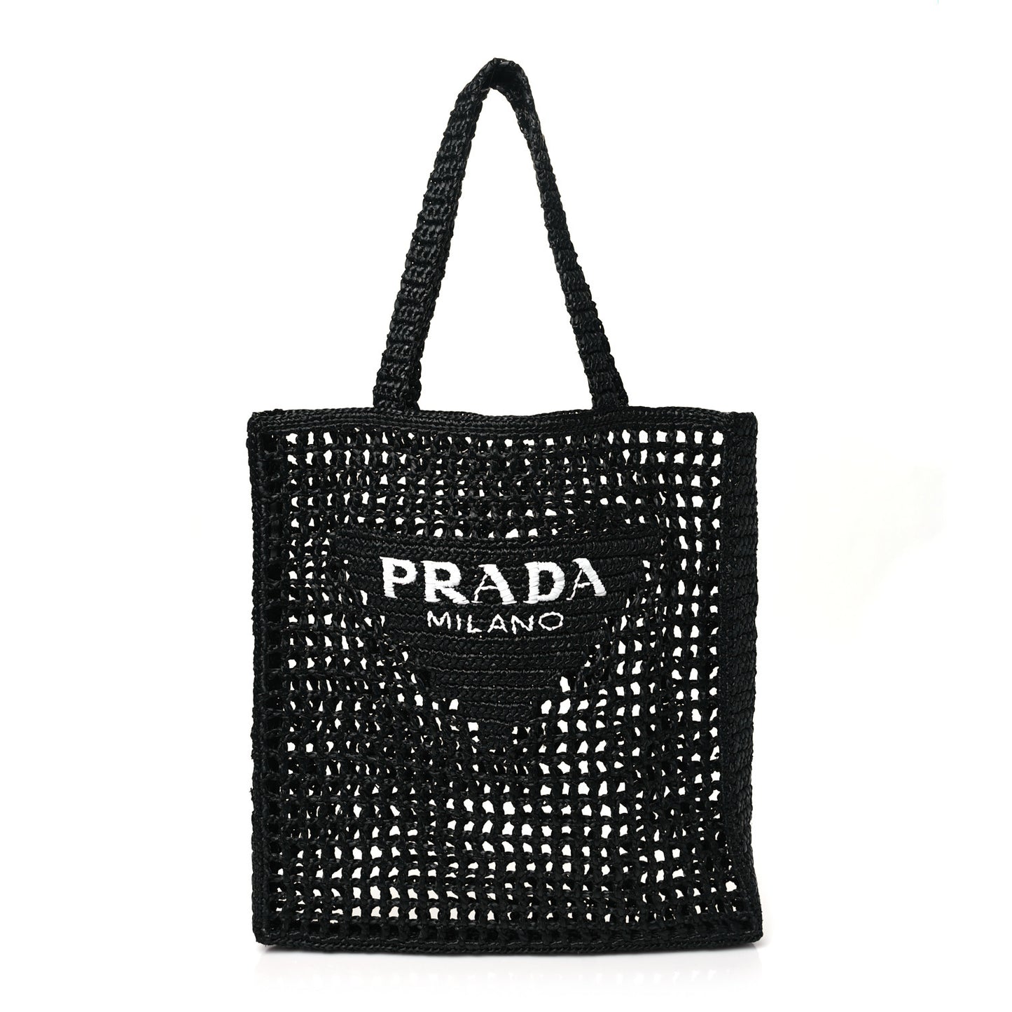Yarn Raffia Effect Crochet Logo Embroidered Tote Bag Black