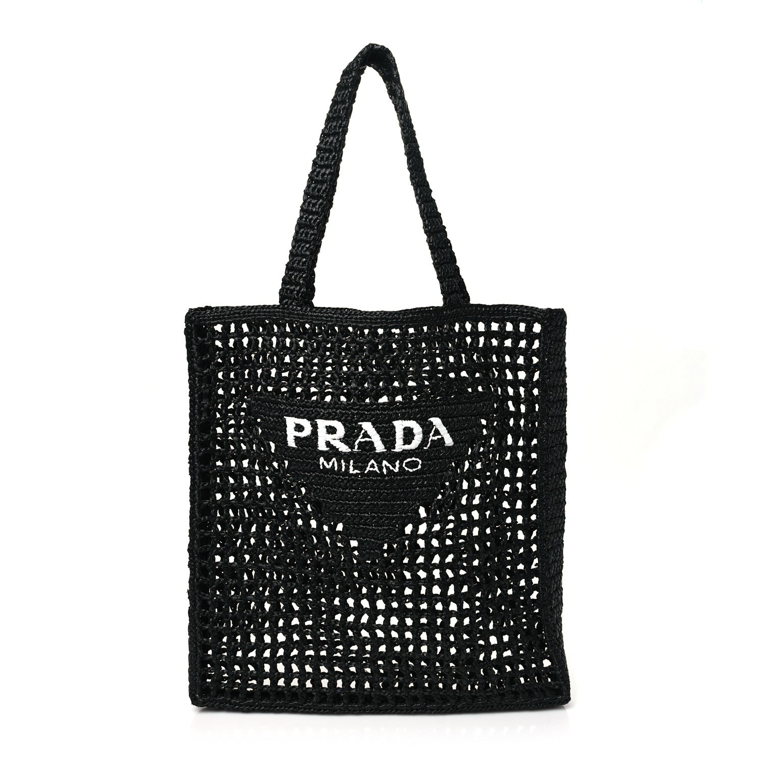 Prada Yarn Raffia Effect Crochet Logo Embroidered Tote Bag Black 1 of 9