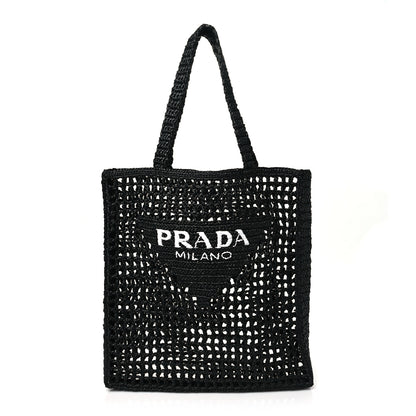 Prada Yarn Raffia Effect Crochet Logo Embroidered Tote Bag Black 1 of 9