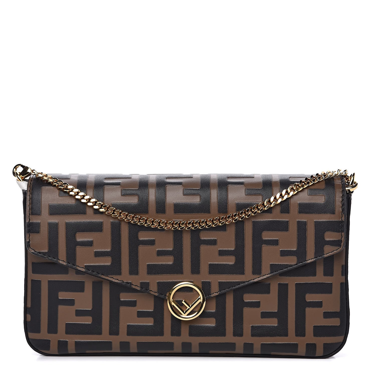 Fendi Vitello Soft F is Fendi Bi-Color FF 1974 Embossed Envelope Wallet On Chain with Pouches Maya Black 1 of 12