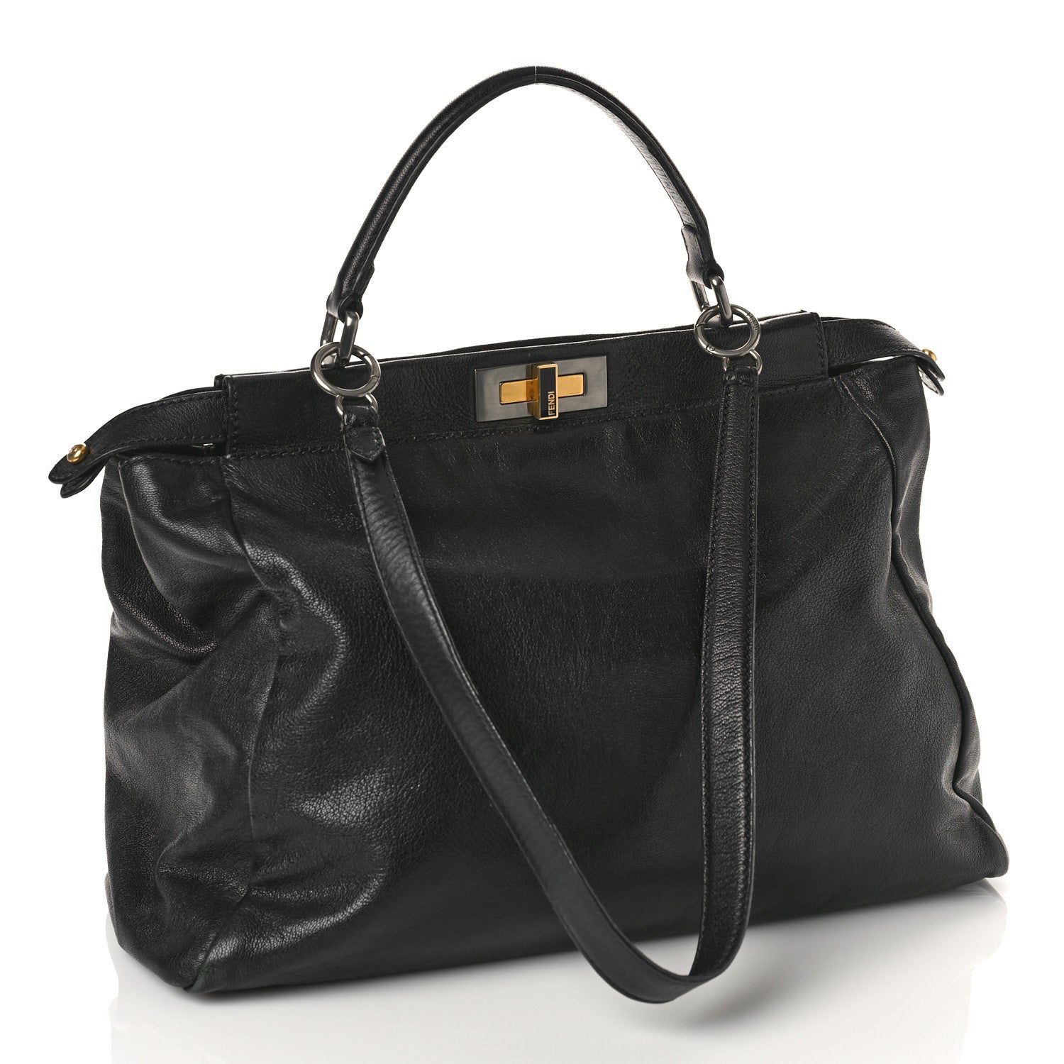 Fendi Goatskin Zucca Large Peekaboo Iconic Satchel Black Tobacco 3 of 9