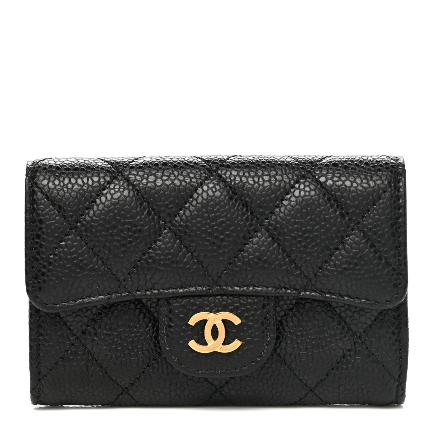 Caviar Quilted Flap Card Holder Wallet Black