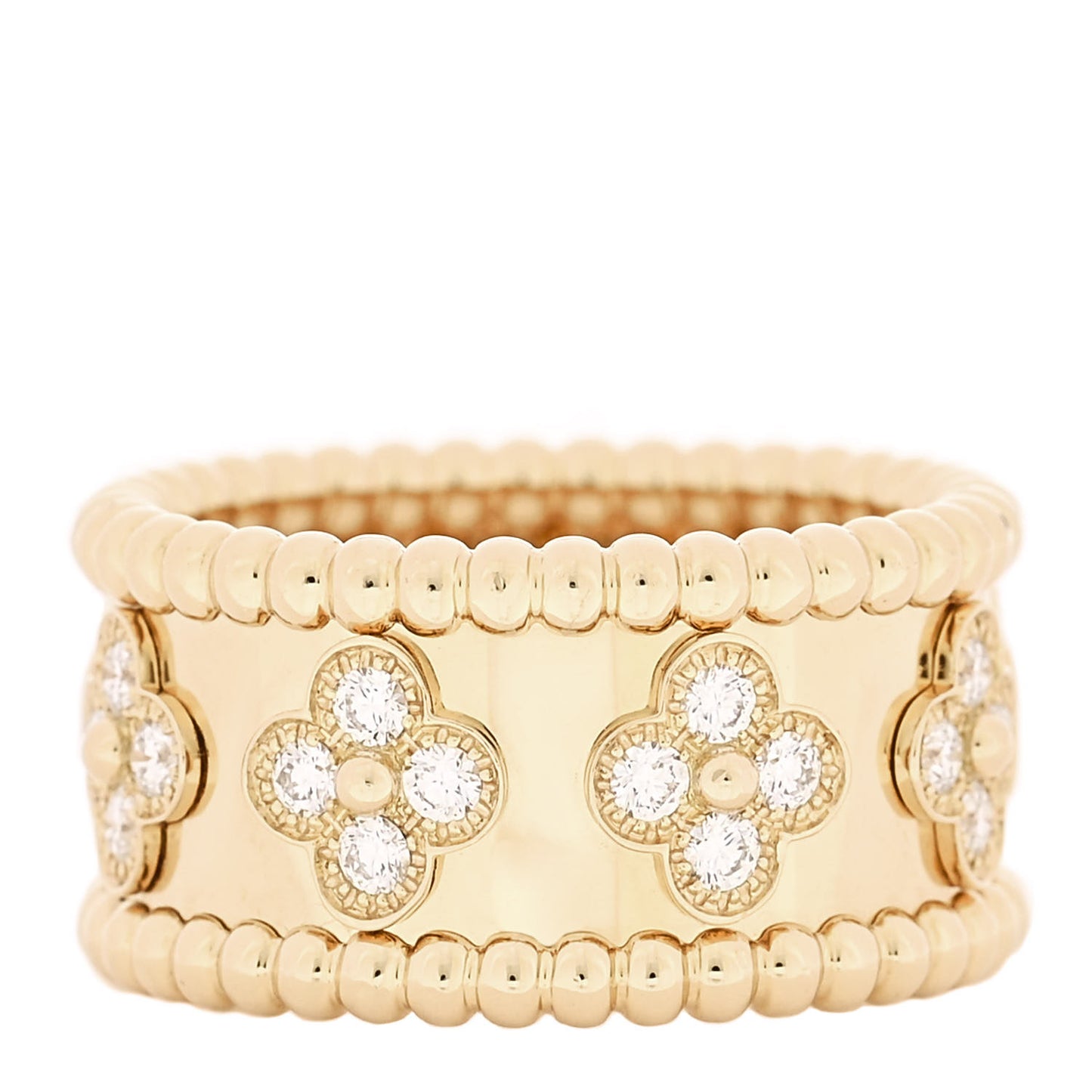 18K Yellow Gold Diamond Perlee Clovers Ring 52 6