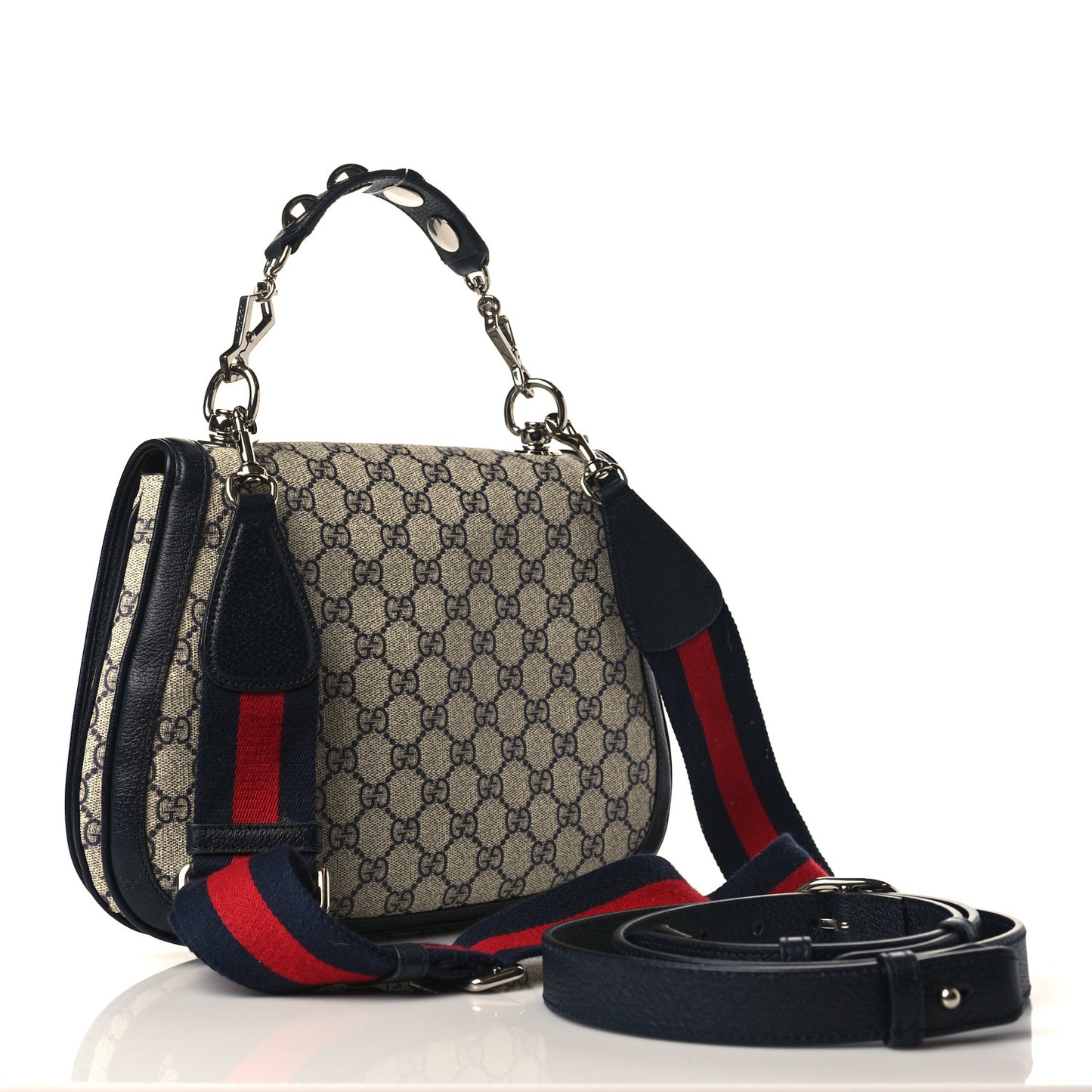 GG Supreme Monogram Textured Dollar Calfskin Web Medium Blondie Top Handle Shoulder Flap Bag Beige Blue