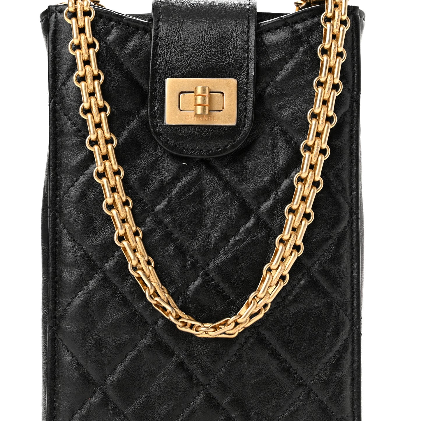 Aged Calfskin Quilted 2.55 Reissue Phone Holder With Chain Black