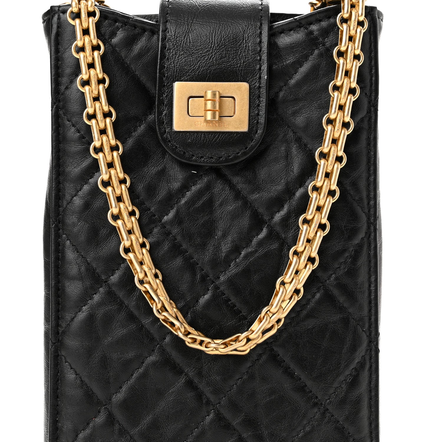 Chanel Aged Calfskin Quilted 2.55 Reissue Phone Holder With Chain Black 9 of 12