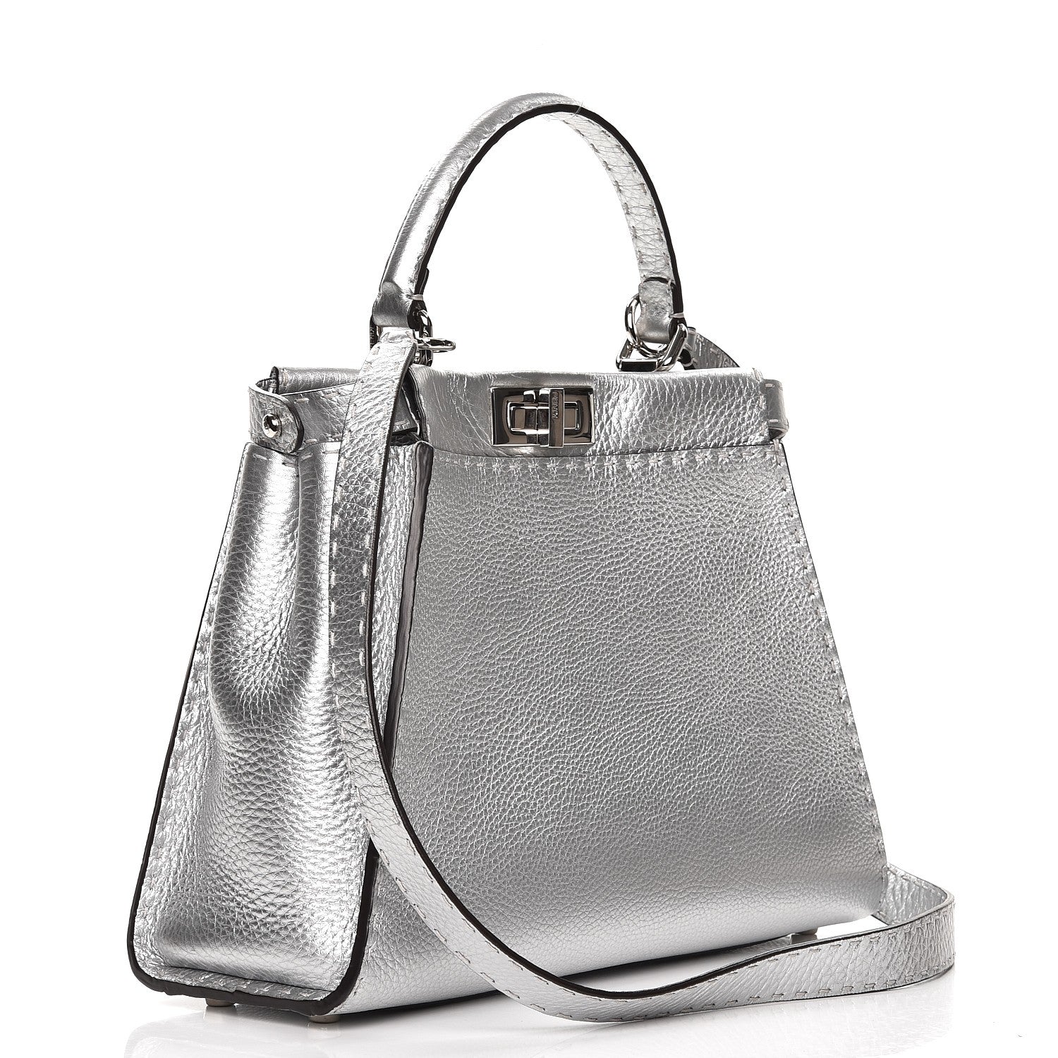 Fendi Cuoio Romano Lux Selleria Medium Peekaboo Iconic Satchel Argento 4 of 8