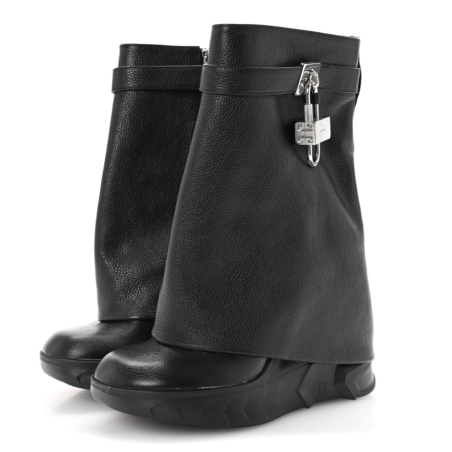 Grained Calfskin Shark Lock Biker Ankle Boots 38 Black