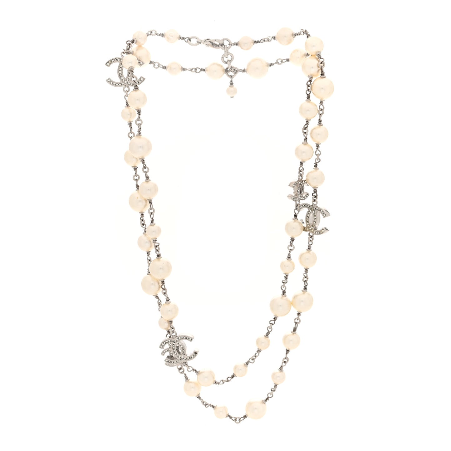 Crystal Pearl CC Long Necklace Silver