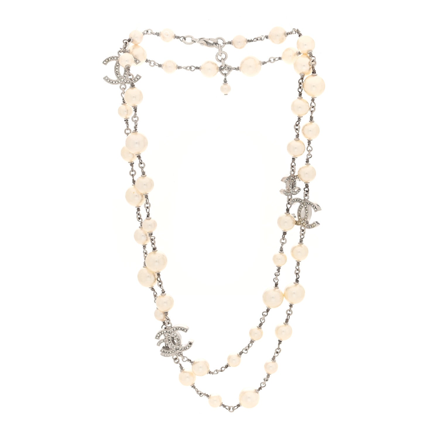 Chanel Crystal Pearl CC Long Necklace Silver 3 of 5