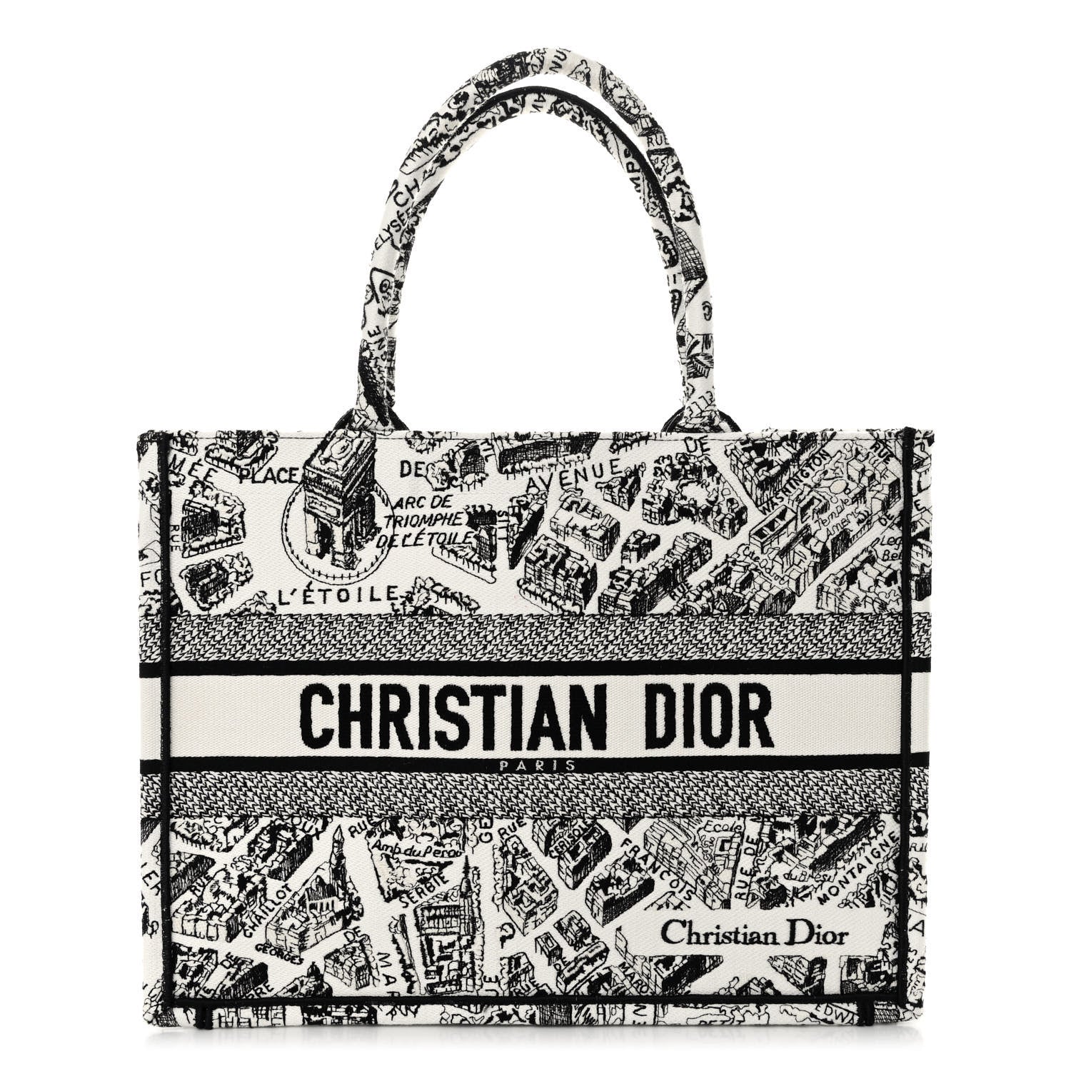 Christian Dior Canvas Embroidered Medium Plan De Paris Book Tote White Black 1 of 9