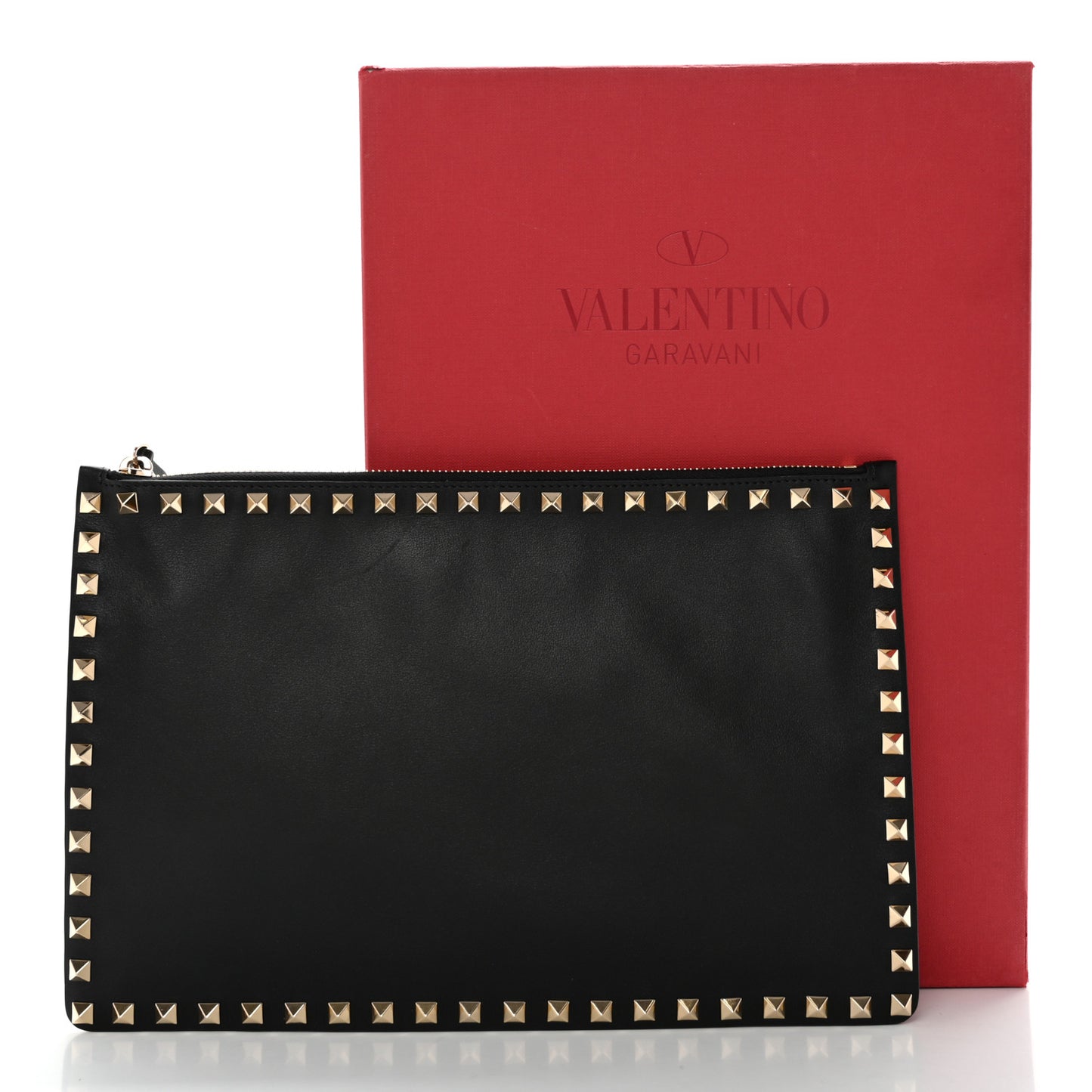 Pebbled Calfskin Large Rockstud Zip Pouch Black