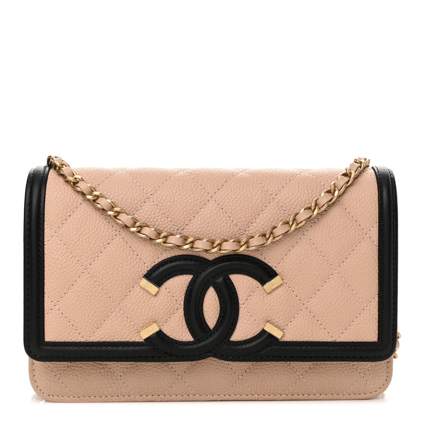 Caviar Quilted CC Filigree Wallet On Chain WOC Beige Black