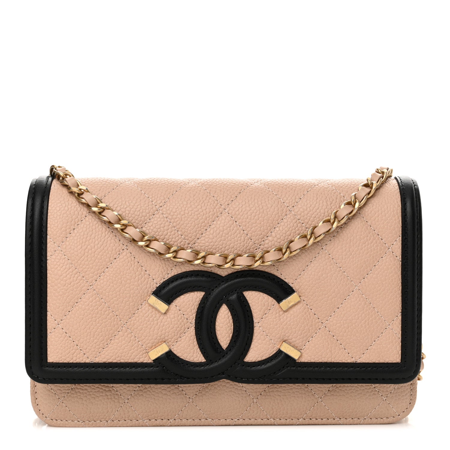 Chanel Caviar Quilted CC Filigree Wallet On Chain WOC Beige Black 1 of 12