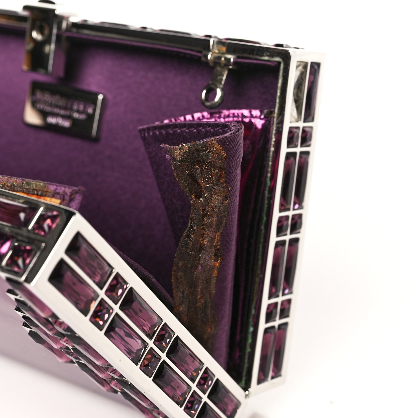 Metallic Calfskin Box Clutch With Chain Purple Silver