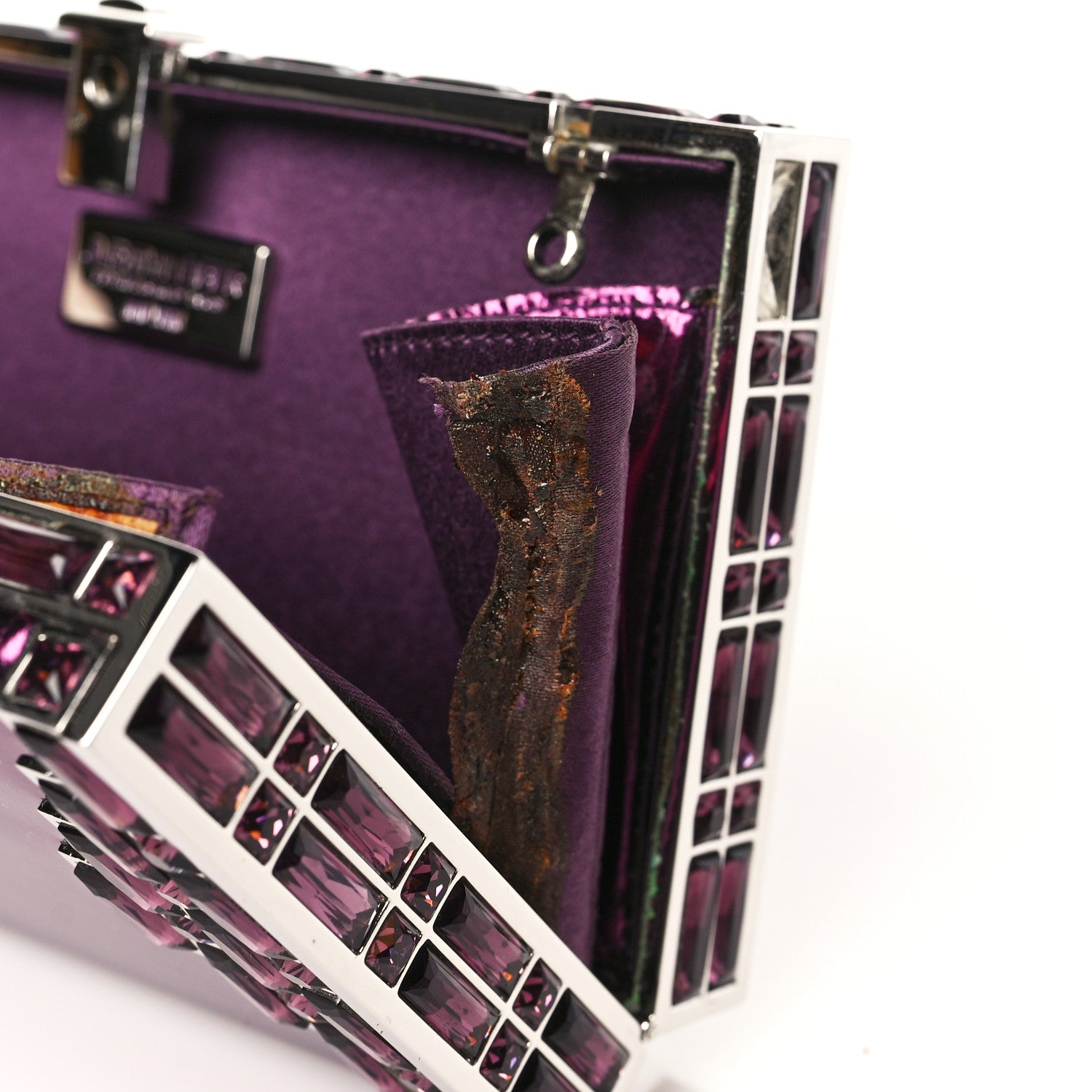 Judith Leiber Metallic Calfskin Box Clutch With Chain Purple Silver 10 of 11