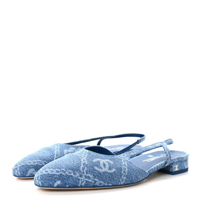 Chanel Denim Printed Denim Mood Cap Toe CC Slingback Flats 39.5 Light Blue Multicolor 3 of 9
