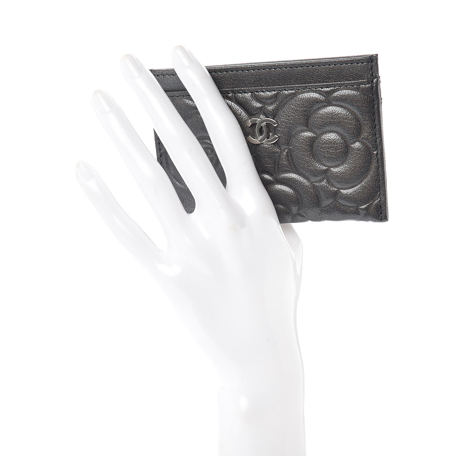 Chanel Goatskin Camellia Embossed Card Holder Grey 2 of 11