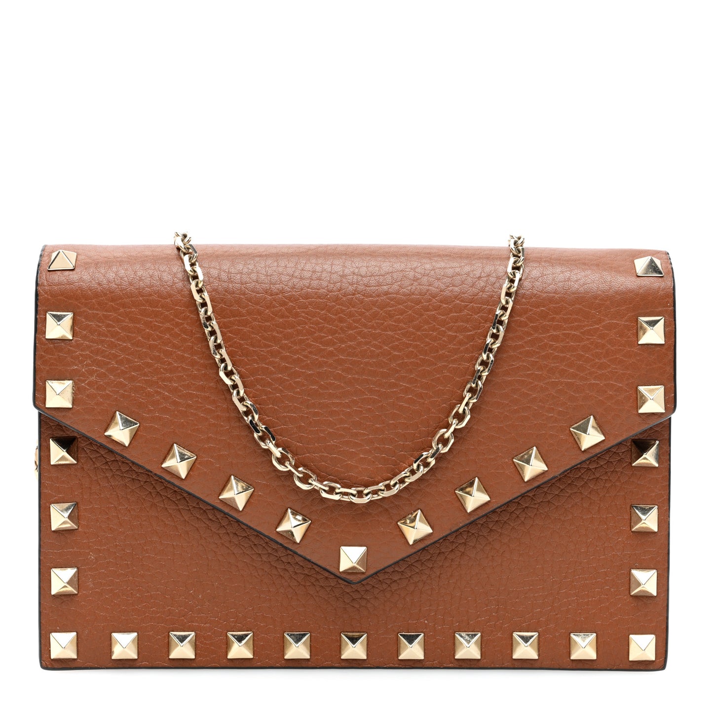 Pebbled Calfskin Rockstud Envelope Wallet on Chain Bright Cognac