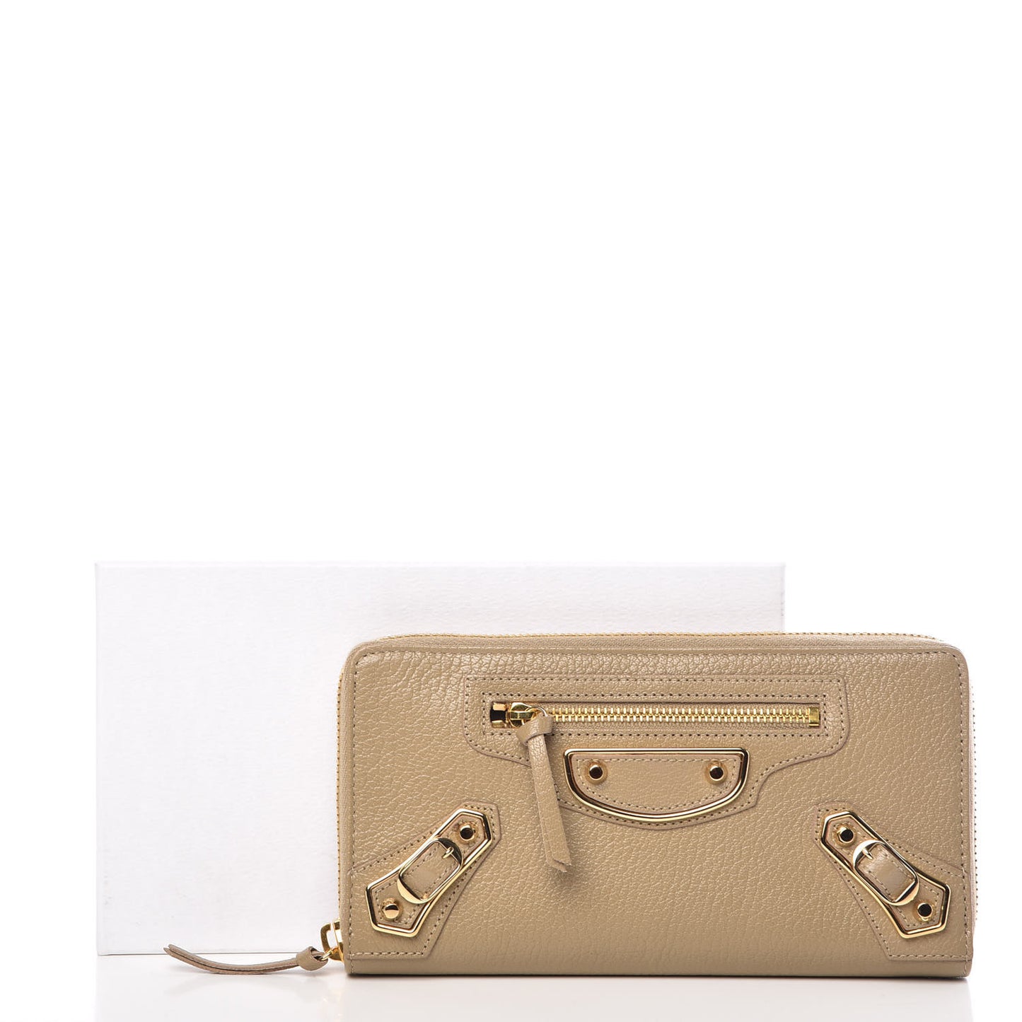Chevre Gold Metallic Edge Hardware Zip Around Wallet Beige Latte
