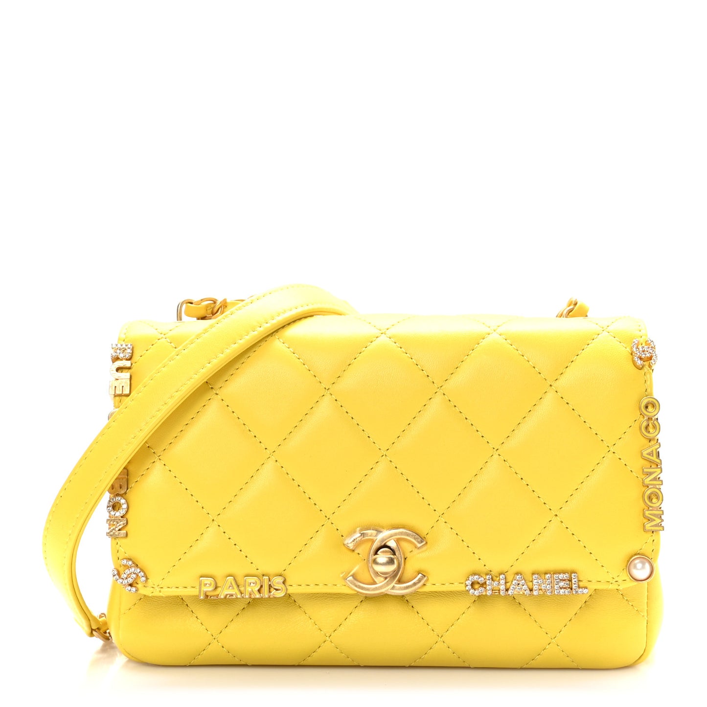 Lambskin Enamel Strass Quilted Mini Paris Monaco Flap Yellow