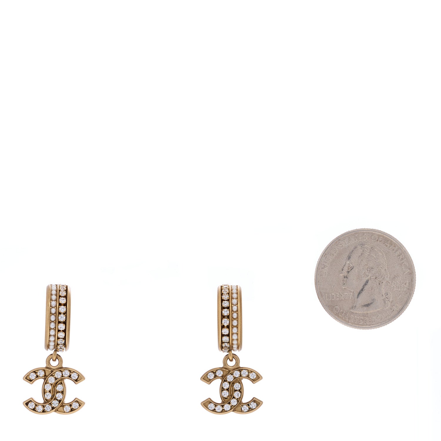Chanel Crystal Pearl CC Hoop Drop Earrings Gold 2 of 4
