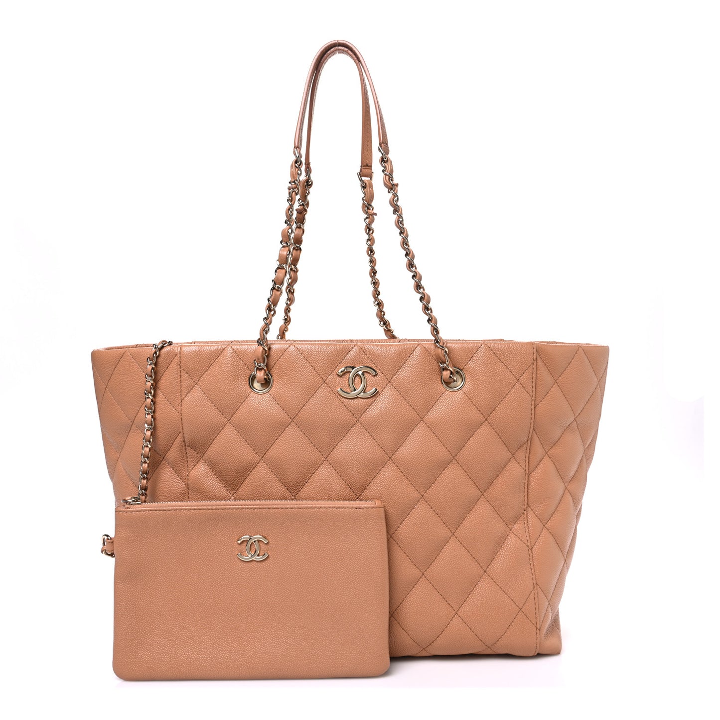 Caviar Quilted Large Shopping Tote Dark Beige