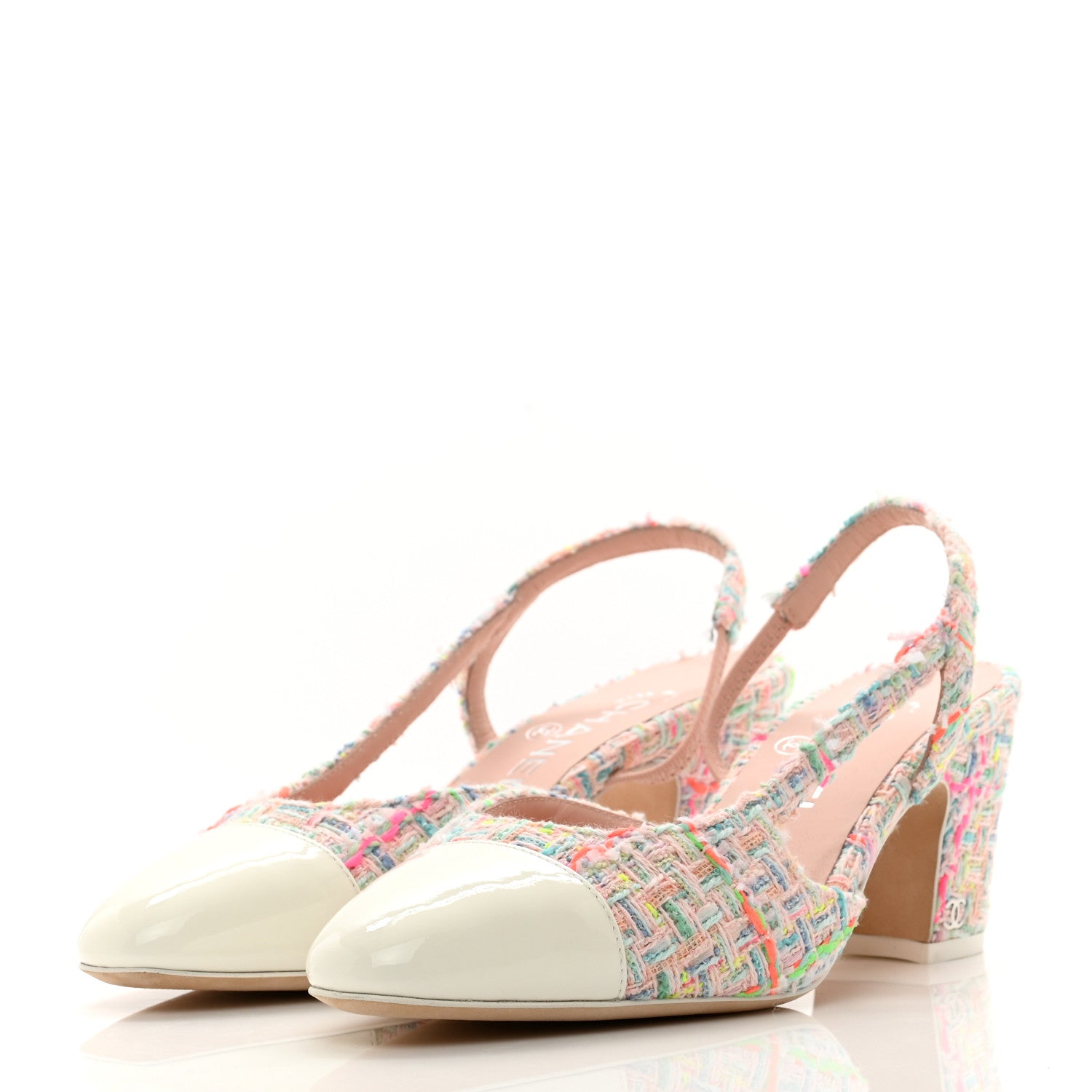 Chanel Tweed Lambskin Cap Toe CC Slingback Pumps 36.5 Pink White 3 of 8