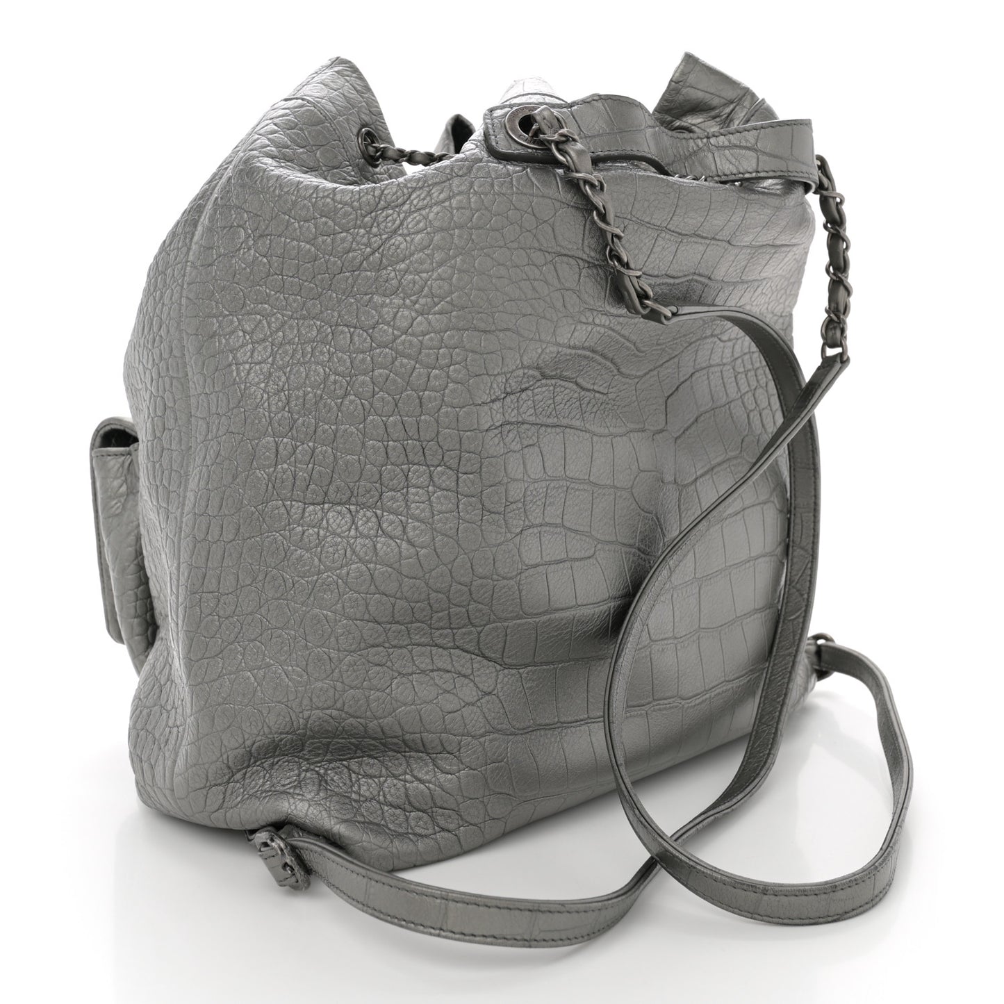 Metallic Calfskin Crocodile Embossed Large Backpack Silver