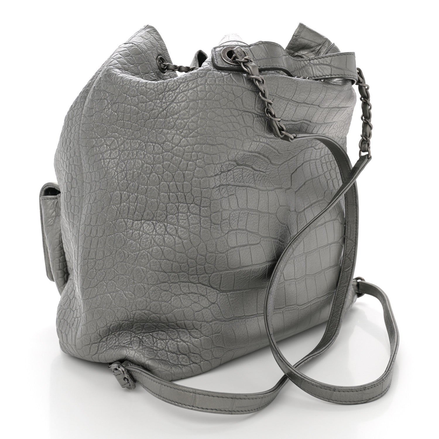 Chanel Metallic Calfskin Crocodile Embossed Large Backpack Silver 3 of 11