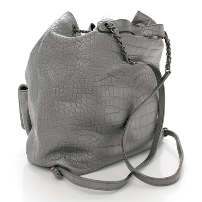 Chanel Metallic Calfskin Crocodile Embossed Large Backpack Silver 3 of 11