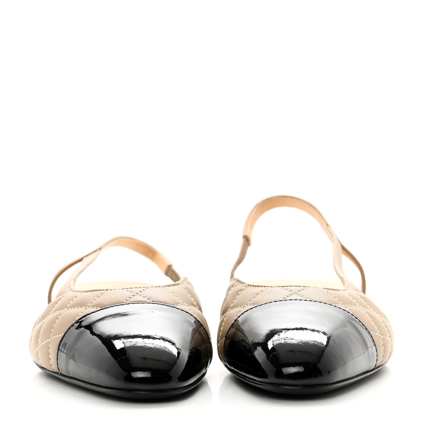 Chanel Lambskin Patent Cap Toe CC Slingback Flats 38.5 Beige Black 2 of 9