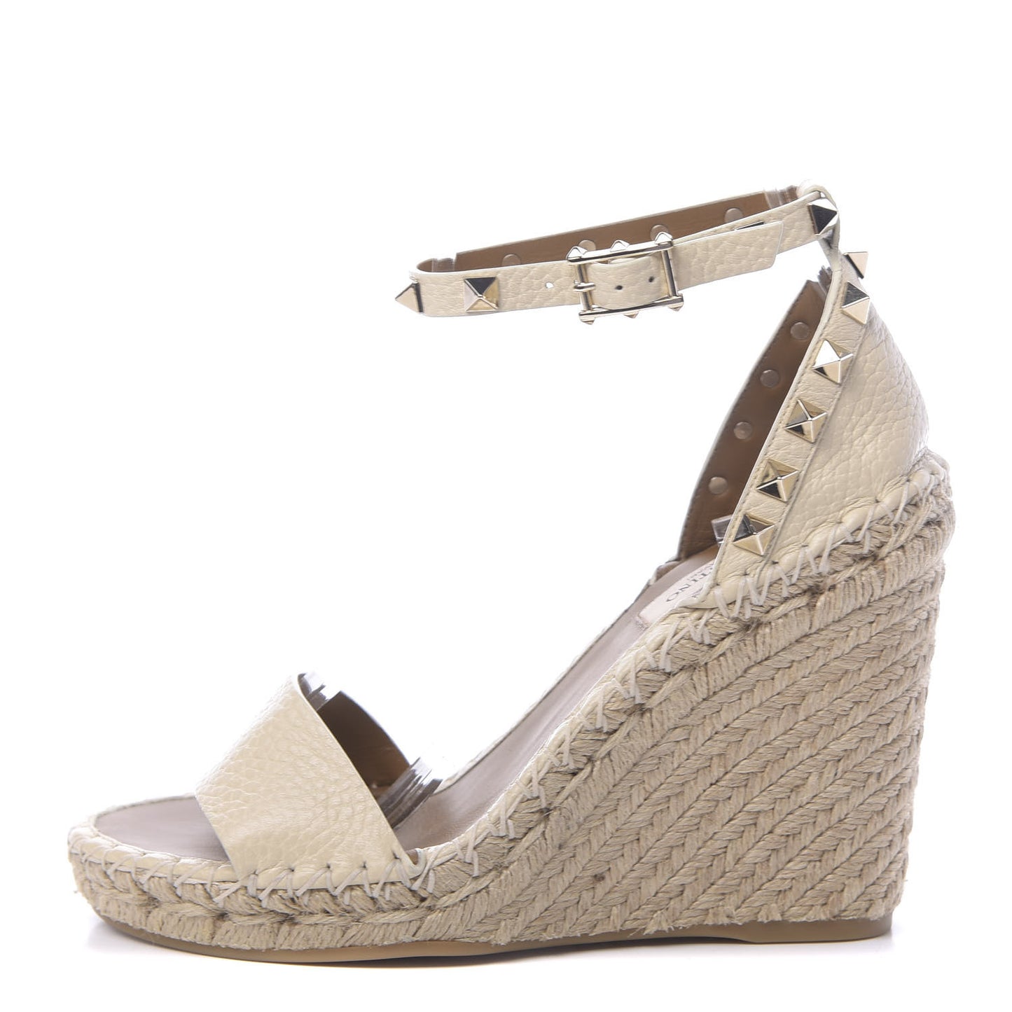 Grained Calfskin Rockstud Ankle Strap Espadrille 15/105mm Wedge Sandals 35 Light Ivory Natural