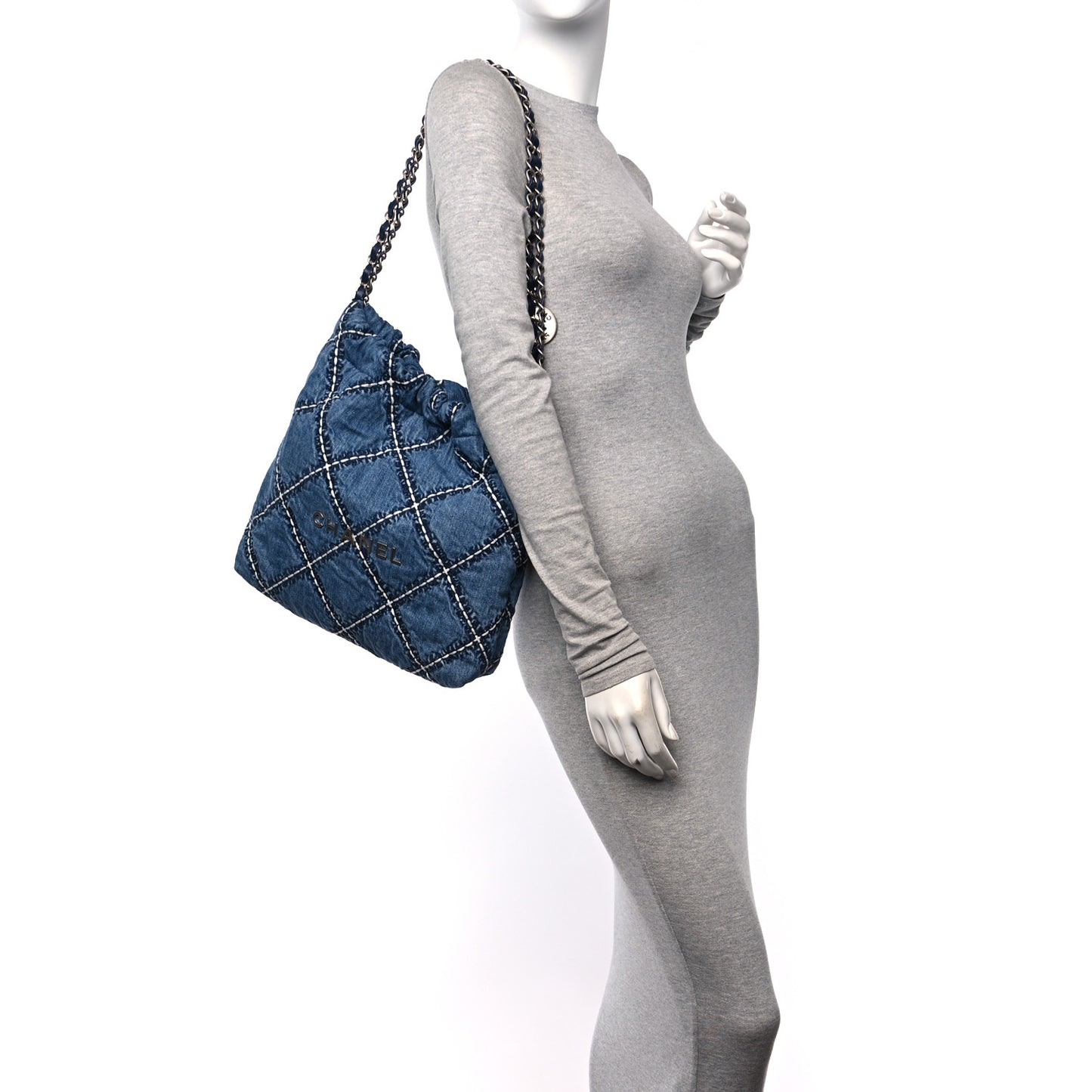 Denim Quilted Stitched Small Chanel 22 Blue