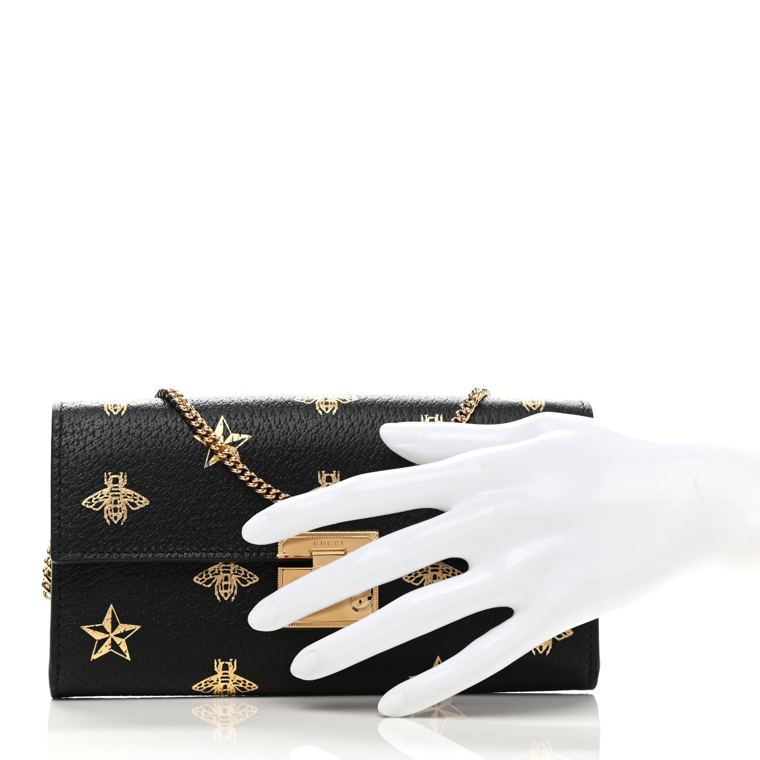 Gucci Grained Calfskin Bee Star Continental Chain Wallet Black 2 of 8