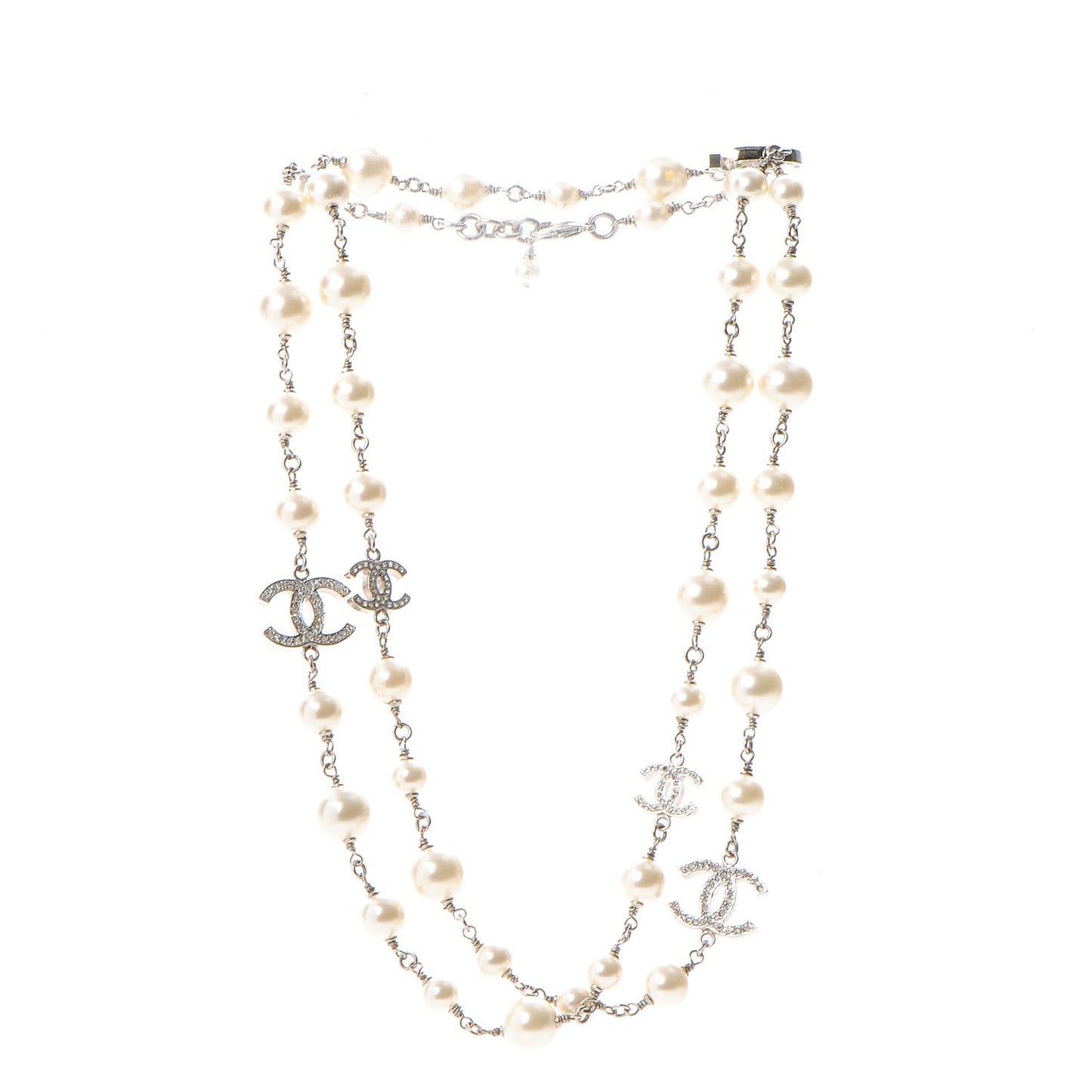Crystal Pearl CC Long Necklace Silver