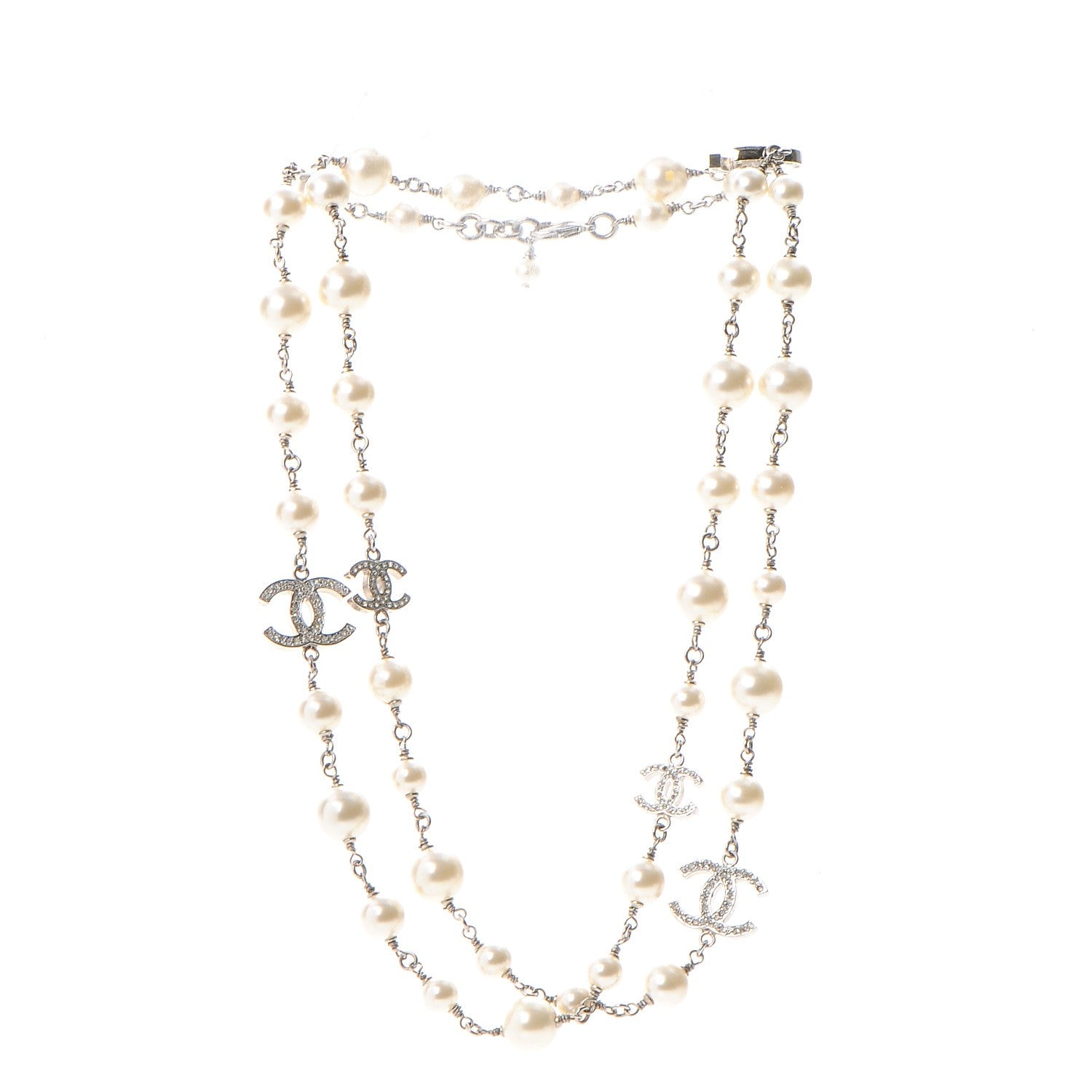 Chanel Crystal Pearl CC Long Necklace Silver 3 of 7