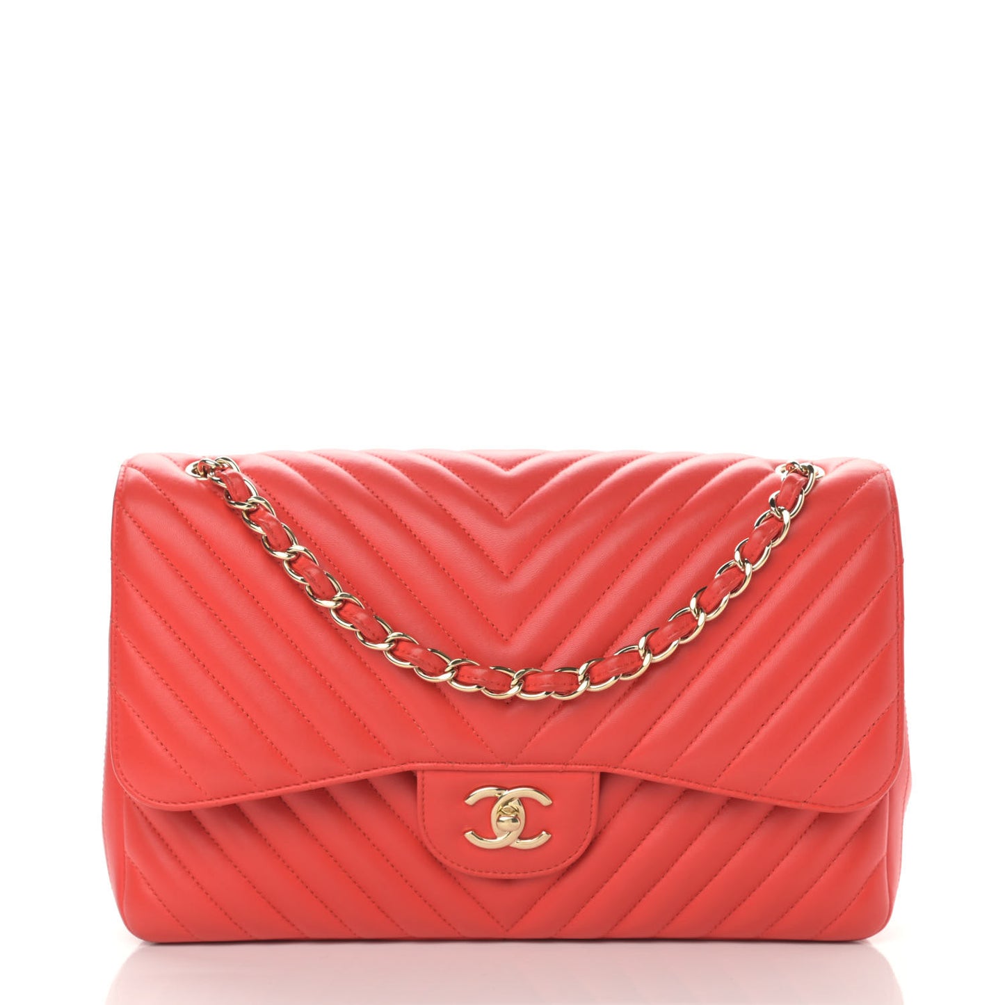 Lambskin Chevron Quilted Jumbo Double Flap Red