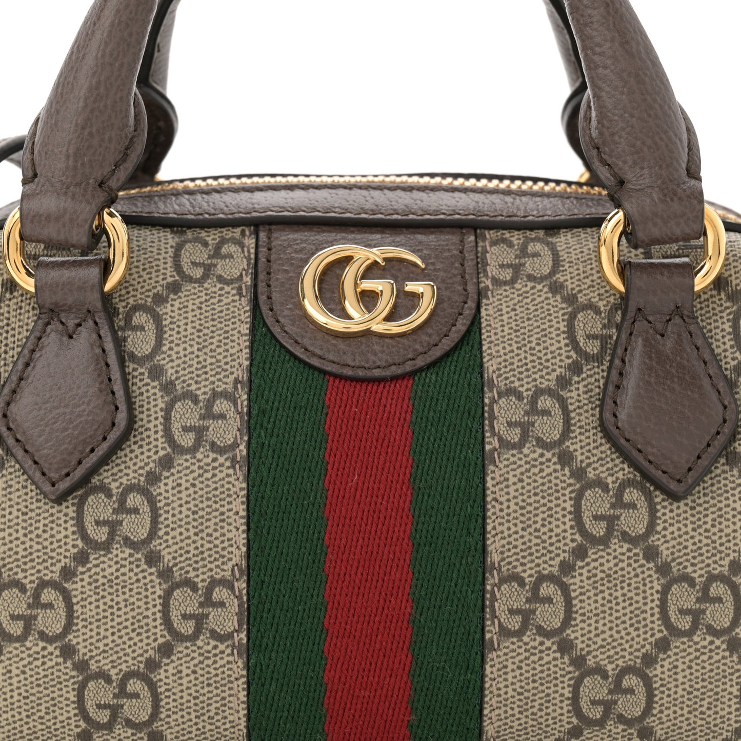 GG Supreme Monogram Textured Dollar Calfskin Web Super Mini Ophidia Top Handle Bowler Bag Beige Ebony New Acero